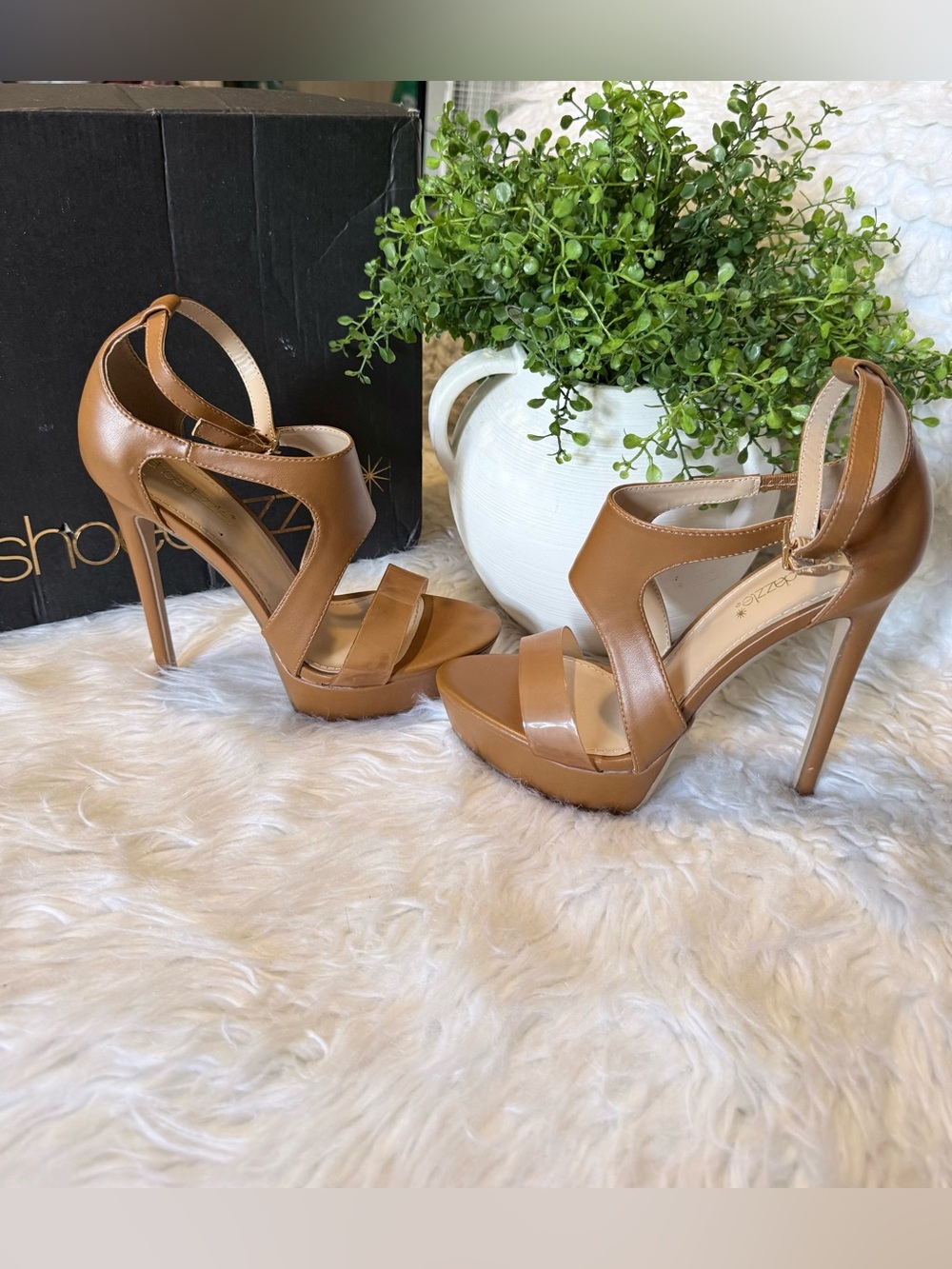 Shoe Dazzle Tan Strappy Platform Stiletto Heels